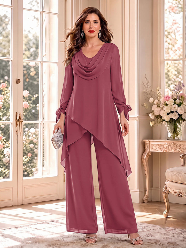Jumpsuits Long Sleeves Cowl Neck Floor Length Mother of the Bride Dresses with Bowknot
