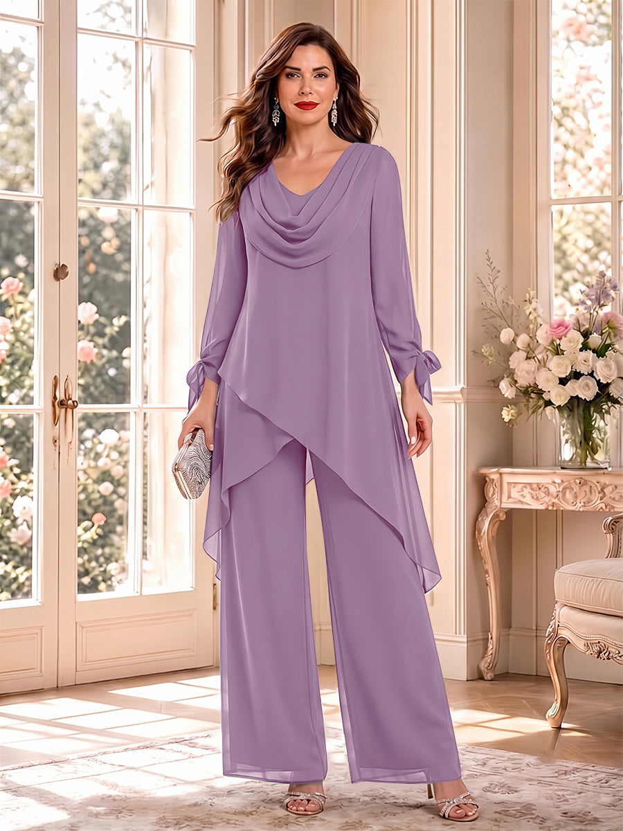 Jumpsuits Long Sleeves Cowl Neck Floor Length Mother of the Bride Dresses with Bowknot