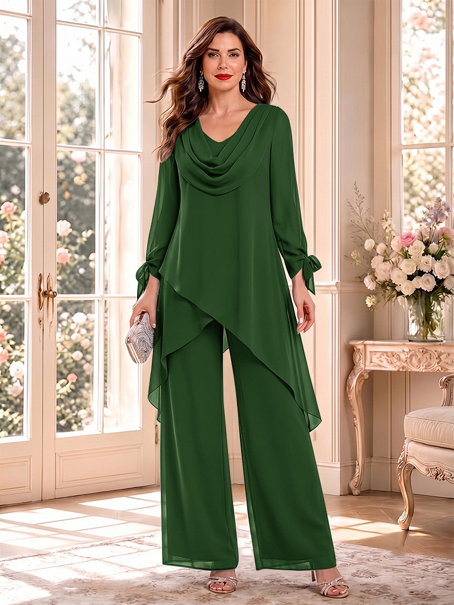 Jumpsuits Long Sleeves Cowl Neck Floor Length Mother of the Bride Dresses with Bowknot