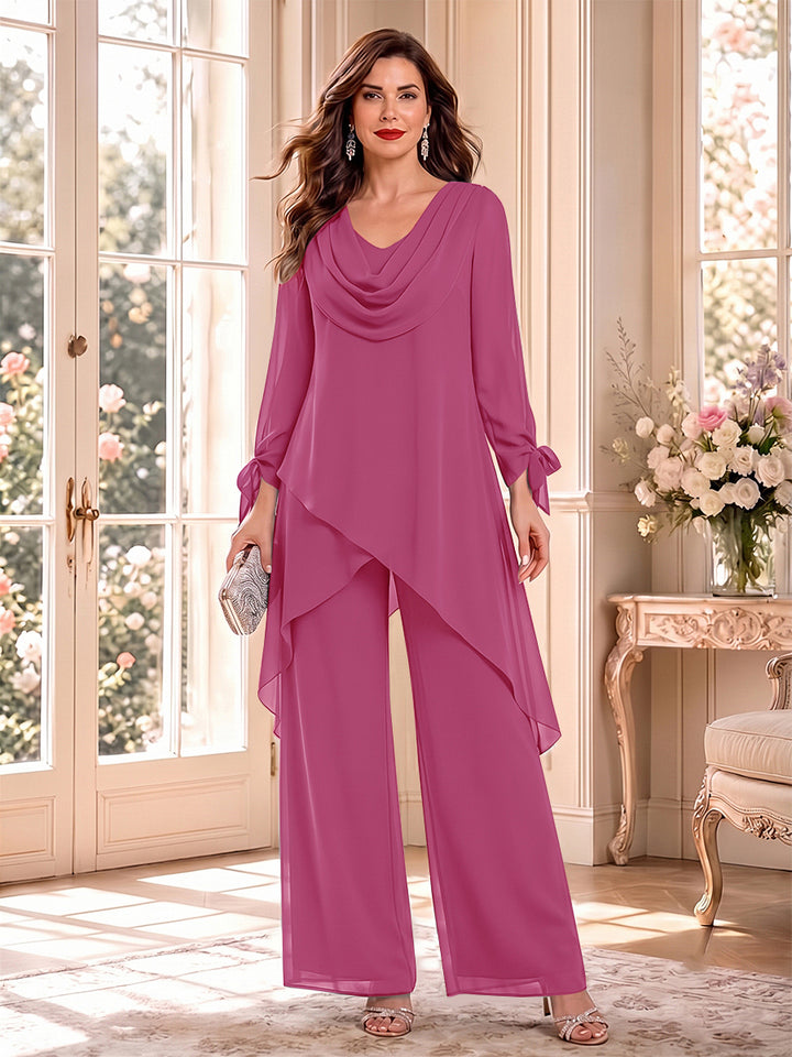 Jumpsuits Long Sleeves Cowl Neck Floor Length Mother of the Bride Dresses with Bowknot