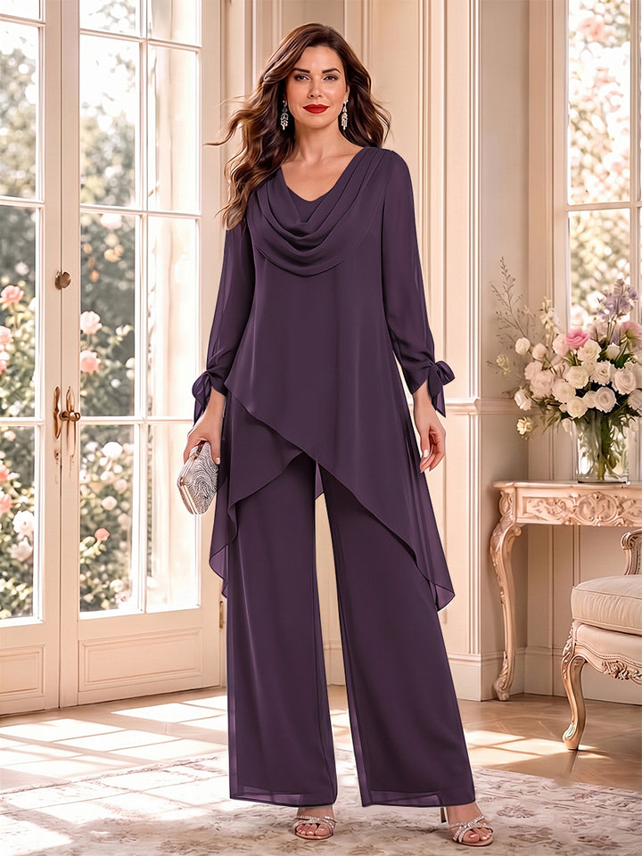Jumpsuits Long Sleeves Cowl Neck Floor Length Mother of the Bride Dresses with Bowknot