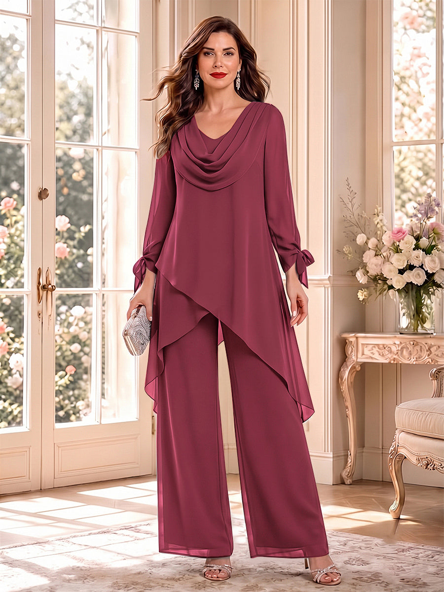 Jumpsuits Long Sleeves Cowl Neck Floor Length Mother of the Bride Dresses with Bowknot