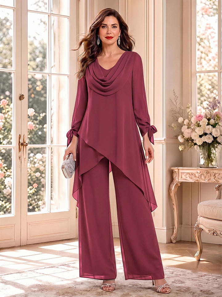 Jumpsuits Long Sleeves Cowl Neck Floor Length Mother of the Bride Dresses with Bowknot