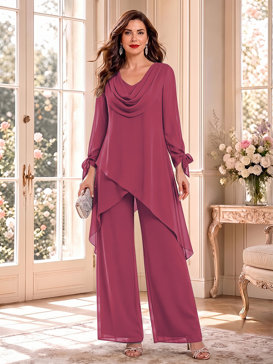 Jumpsuits Long Sleeves Cowl Neck Floor Length Mother of the Bride Dresses with Bowknot