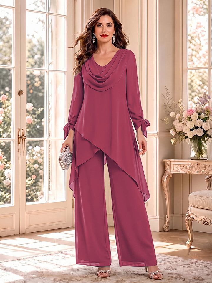 Jumpsuits Long Sleeves Cowl Neck Floor Length Mother of the Bride Dresses with Bowknot