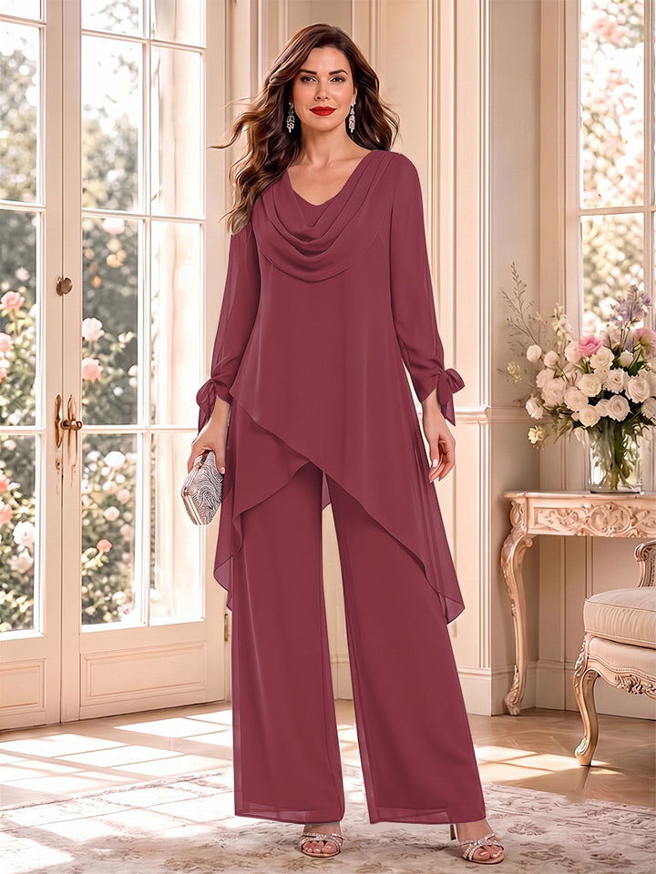 Jumpsuits Long Sleeves Cowl Neck Floor Length Mother of the Bride Dresses with Bowknot