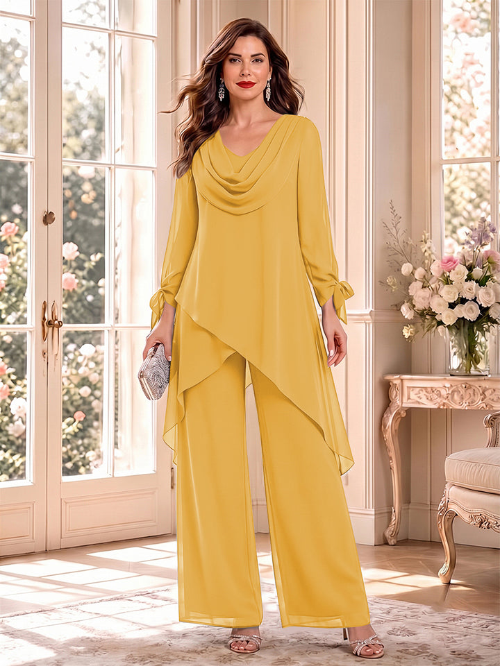 Jumpsuits Long Sleeves Cowl Neck Floor Length Mother of the Bride Dresses with Bowknot