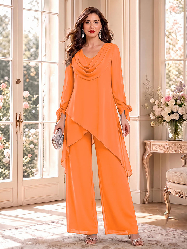 Jumpsuits Long Sleeves Cowl Neck Floor Length Mother of the Bride Dresses with Bowknot