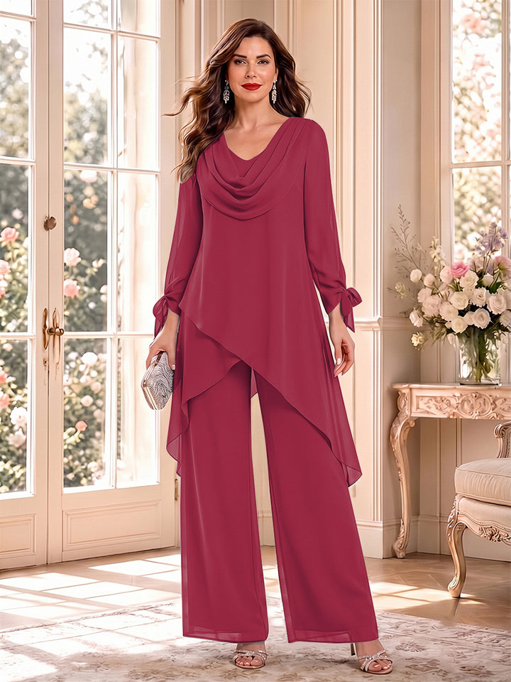 Jumpsuits Long Sleeves Cowl Neck Floor Length Mother of the Bride Dresses with Bowknot