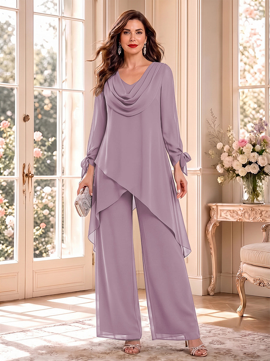 Jumpsuits Long Sleeves Cowl Neck Floor Length Mother of the Bride Dresses with Bowknot