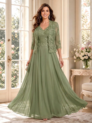 A-Line/Princess V-Neck 3/4 Sleeves Floor-Length Mother of the Bride Dresses with Jacket & Applique