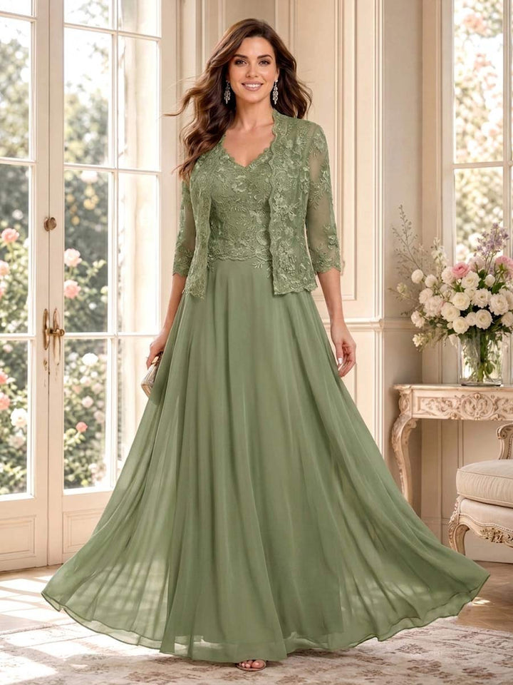 A-Line/Princess V-Neck 3/4 Sleeves Floor-Length Mother of the Bride Dresses with Jacket &amp; Applique
