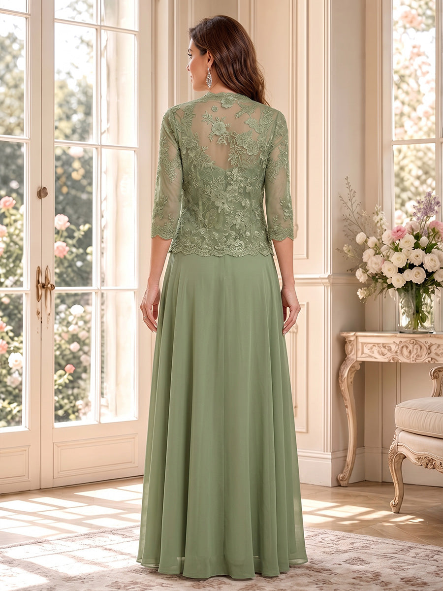 A-Line/Princess V-Neck 3/4 Sleeves Floor-Length Mother of the Bride Dresses with Jacket &amp; Applique
