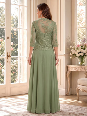 A-Line/Princess V-Neck 3/4 Sleeves Floor-Length Mother of the Bride Dresses with Jacket & Applique