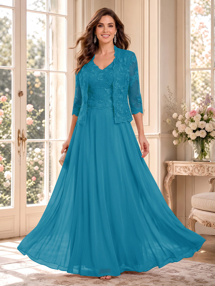 A-Line/Princess V-Neck 3/4 Sleeves Floor-Length Mother of the Bride Dresses with Jacket &amp; Applique