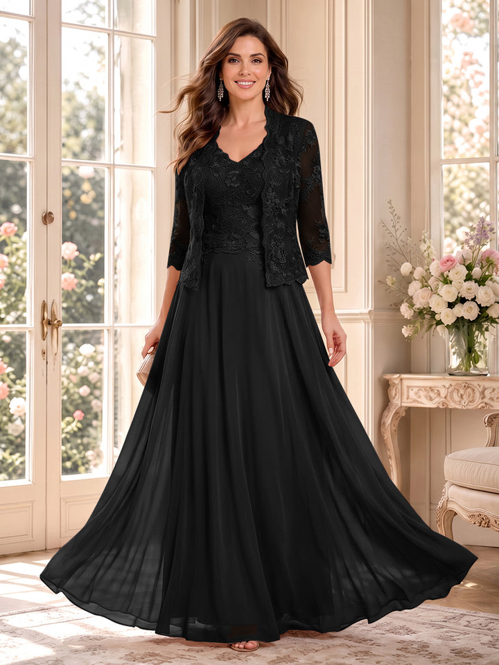 A-Line/Princess V-Neck 3/4 Sleeves Floor-Length Mother of the Bride Dresses with Jacket &amp; Applique