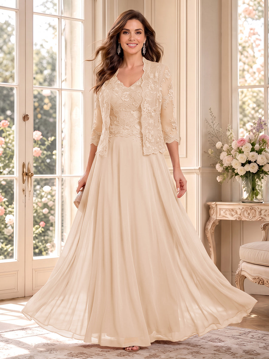A-Line/Princess V-Neck 3/4 Sleeves Floor-Length Mother of the Bride Dresses with Jacket &amp; Applique
