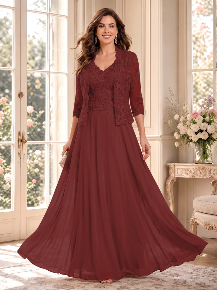 A-Line/Princess V-Neck 3/4 Sleeves Floor-Length Mother of the Bride Dresses with Jacket &amp; Applique