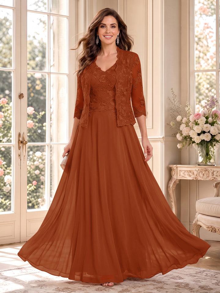 A-Line/Princess V-Neck 3/4 Sleeves Floor-Length Mother of the Bride Dresses with Jacket &amp; Applique