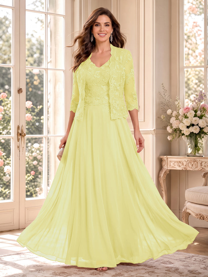 A-Line/Princess V-Neck 3/4 Sleeves Floor-Length Mother of the Bride Dresses with Jacket &amp; Applique