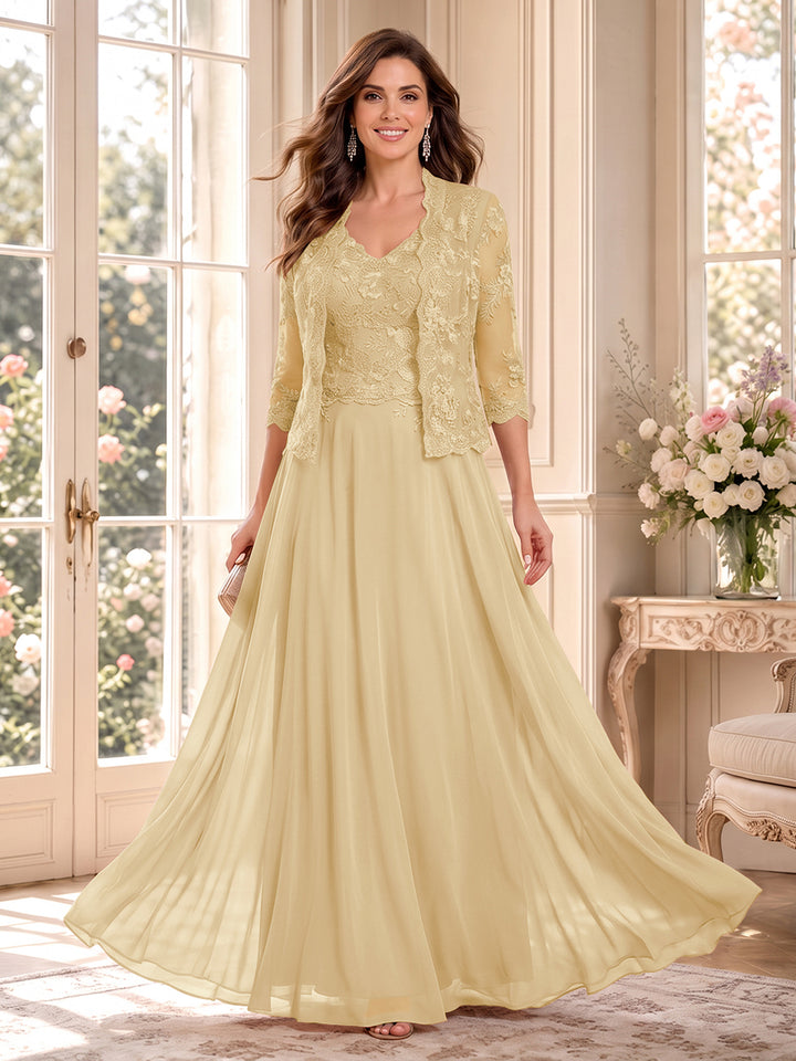 A-Line/Princess V-Neck 3/4 Sleeves Floor-Length Mother of the Bride Dresses with Jacket &amp; Applique