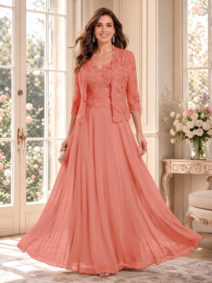 A-Line/Princess V-Neck 3/4 Sleeves Floor-Length Mother of the Bride Dresses with Jacket &amp; Applique