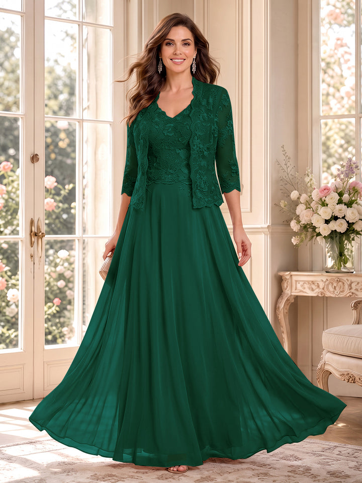 A-Line/Princess V-Neck 3/4 Sleeves Floor-Length Mother of the Bride Dresses with Jacket &amp; Applique