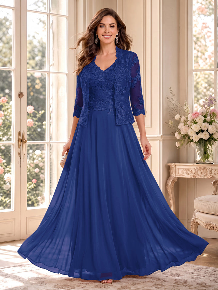 A-Line/Princess V-Neck 3/4 Sleeves Floor-Length Mother of the Bride Dresses with Jacket &amp; Applique