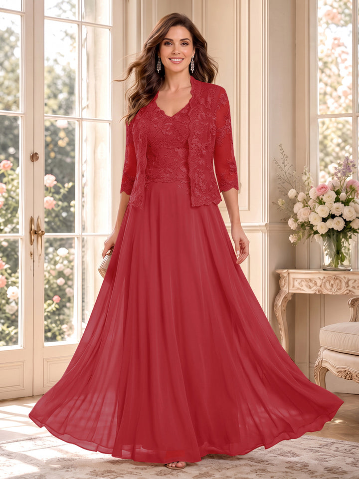 A-Line/Princess V-Neck 3/4 Sleeves Floor-Length Mother of the Bride Dresses with Jacket &amp; Applique