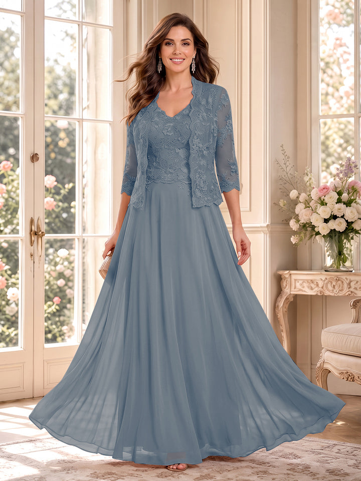 A-Line/Princess V-Neck 3/4 Sleeves Floor-Length Mother of the Bride Dresses with Jacket &amp; Applique