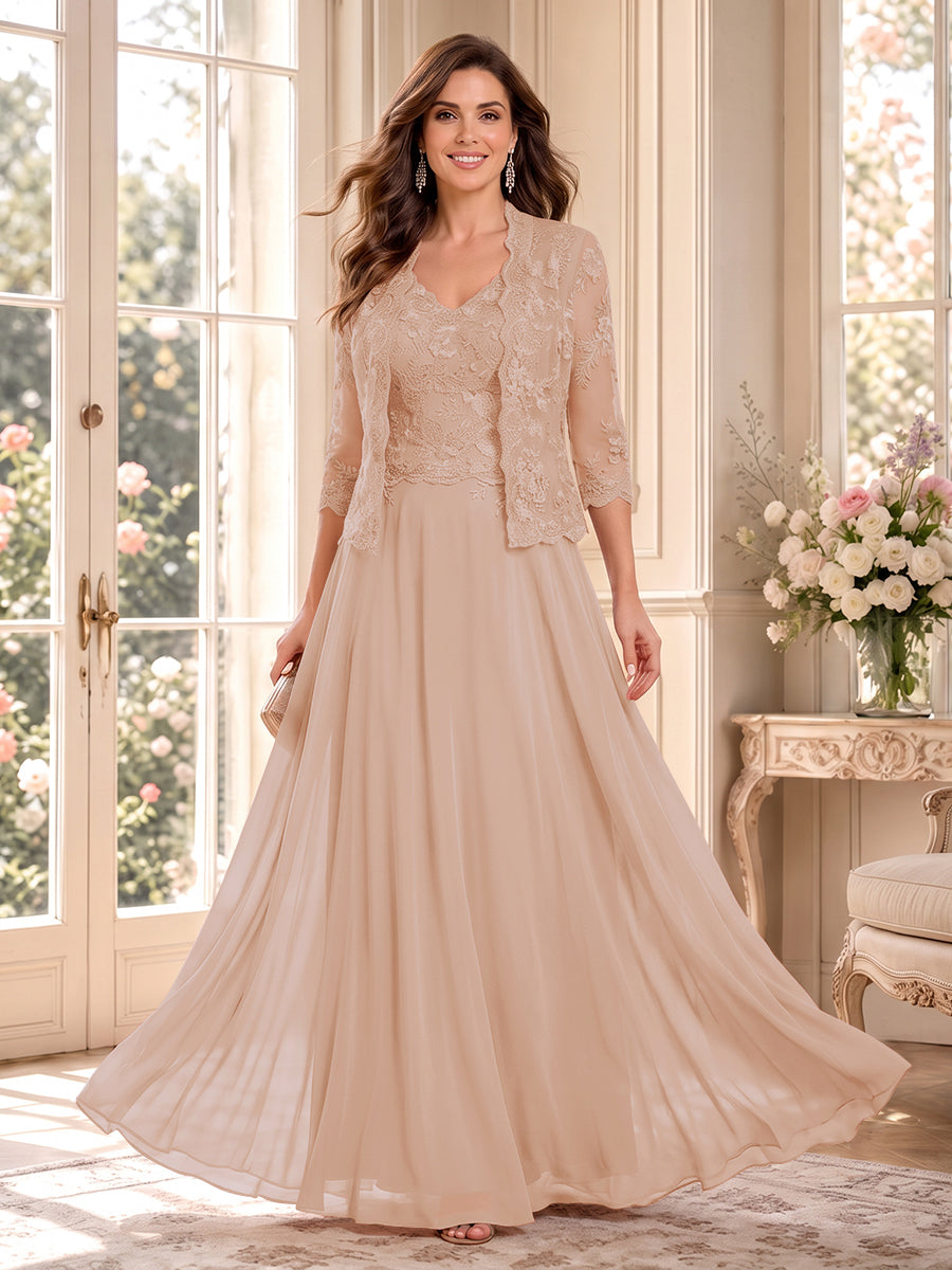 A-Line/Princess V-Neck 3/4 Sleeves Floor-Length Mother of the Bride Dresses with Jacket &amp; Applique