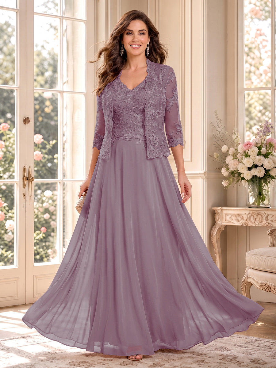 A-Line/Princess V-Neck 3/4 Sleeves Floor-Length Mother of the Bride Dresses with Jacket &amp; Applique