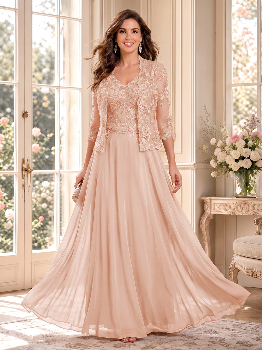 A-Line/Princess V-Neck 3/4 Sleeves Floor-Length Mother of the Bride Dresses with Jacket &amp; Applique