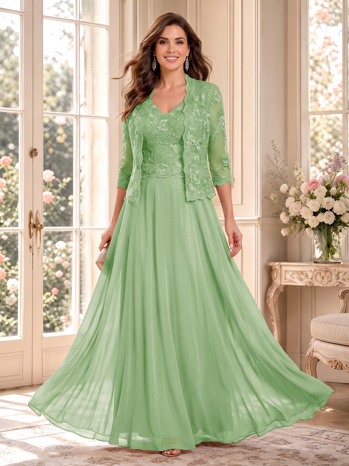 A-Line/Princess V-Neck 3/4 Sleeves Floor-Length Mother of the Bride Dresses with Jacket &amp; Applique