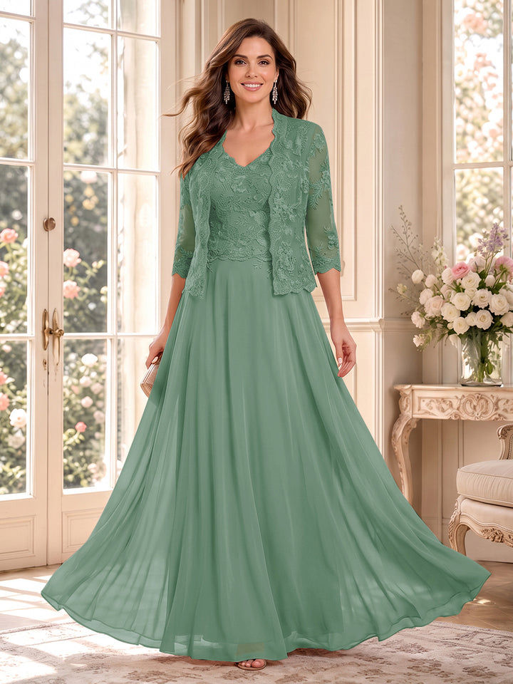 A-Line/Princess V-Neck 3/4 Sleeves Floor-Length Mother of the Bride Dresses with Jacket &amp; Applique