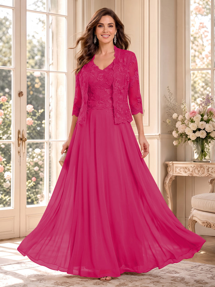 A-Line/Princess V-Neck 3/4 Sleeves Floor-Length Mother of the Bride Dresses with Jacket &amp; Applique