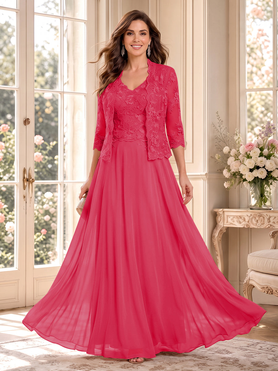 A-Line/Princess V-Neck 3/4 Sleeves Floor-Length Mother of the Bride Dresses with Jacket &amp; Applique