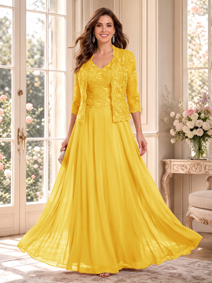 A-Line/Princess V-Neck 3/4 Sleeves Floor-Length Mother of the Bride Dresses with Jacket &amp; Applique