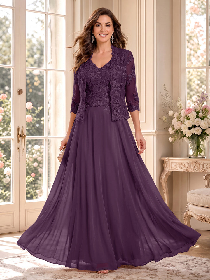 A-Line/Princess V-Neck 3/4 Sleeves Floor-Length Mother of the Bride Dresses with Jacket &amp; Applique