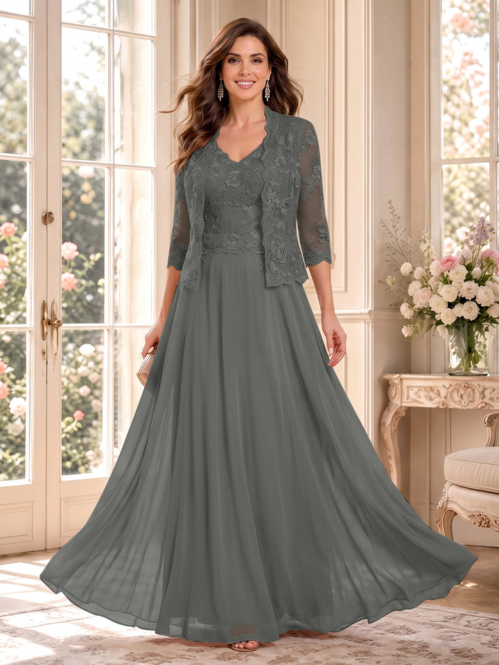 A-Line/Princess V-Neck 3/4 Sleeves Floor-Length Mother of the Bride Dresses with Jacket &amp; Applique