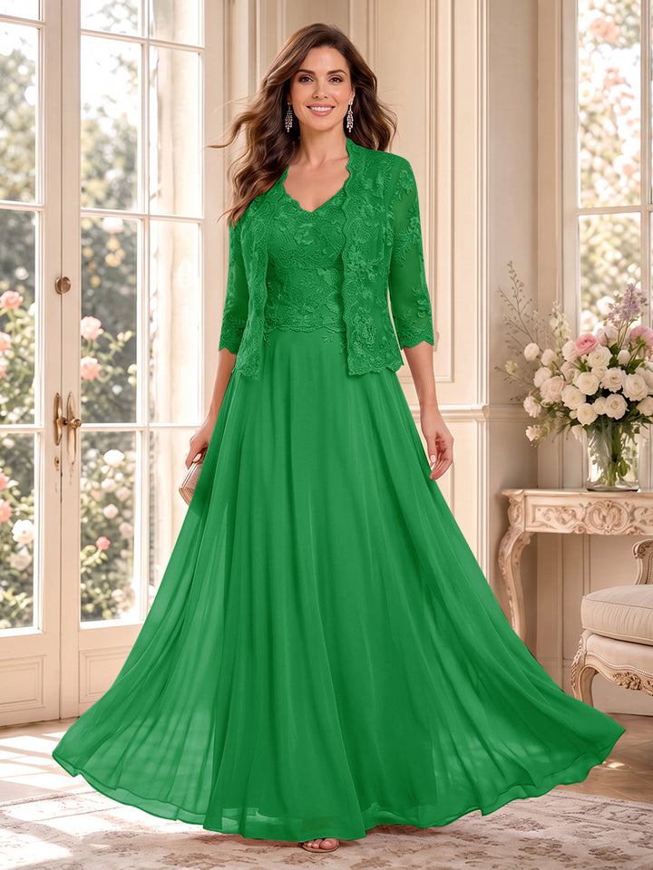A-Line/Princess V-Neck 3/4 Sleeves Floor-Length Mother of the Bride Dresses with Jacket &amp; Applique