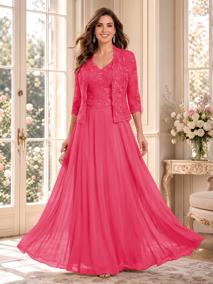 A-Line/Princess V-Neck 3/4 Sleeves Floor-Length Mother of the Bride Dresses with Jacket &amp; Applique