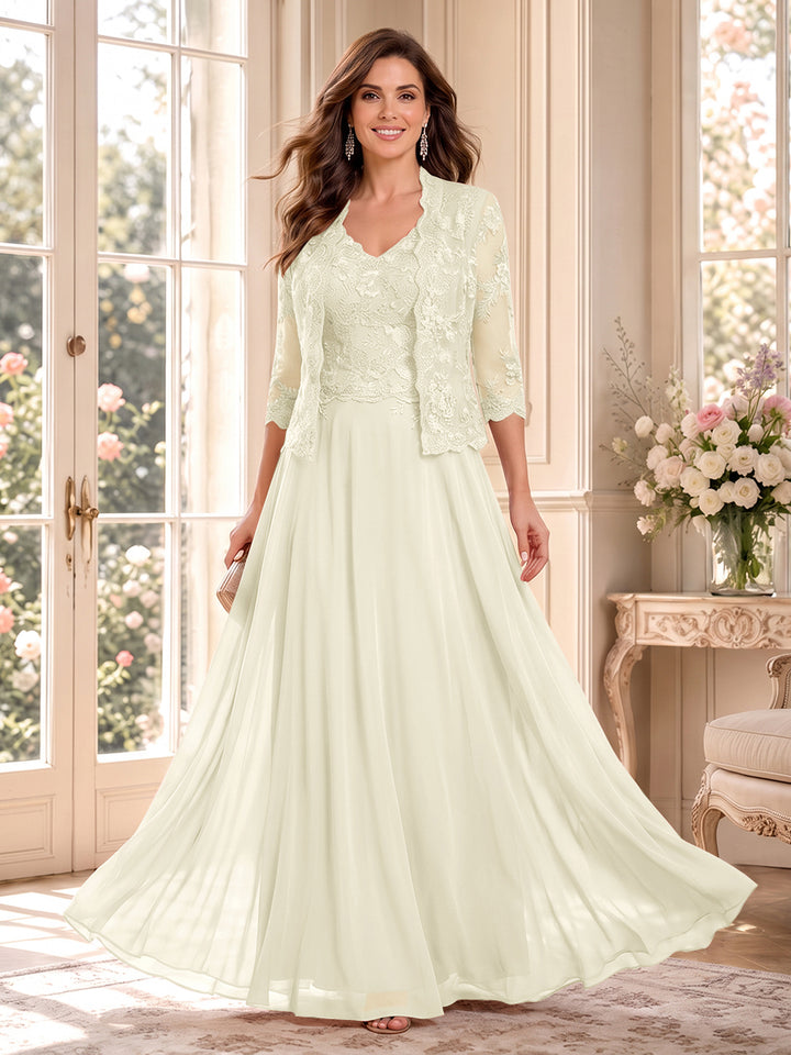 A-Line/Princess V-Neck 3/4 Sleeves Floor-Length Mother of the Bride Dresses with Jacket &amp; Applique