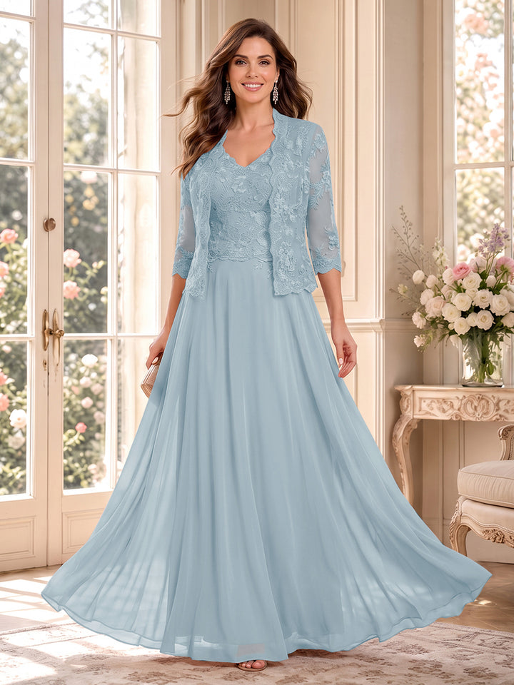 A-Line/Princess V-Neck 3/4 Sleeves Floor-Length Mother of the Bride Dresses with Jacket &amp; Applique