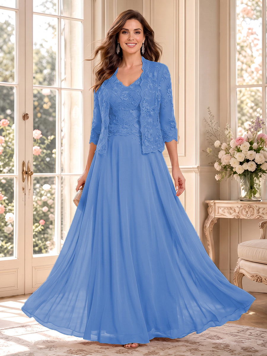 A-Line/Princess V-Neck 3/4 Sleeves Floor-Length Mother of the Bride Dresses with Jacket &amp; Applique