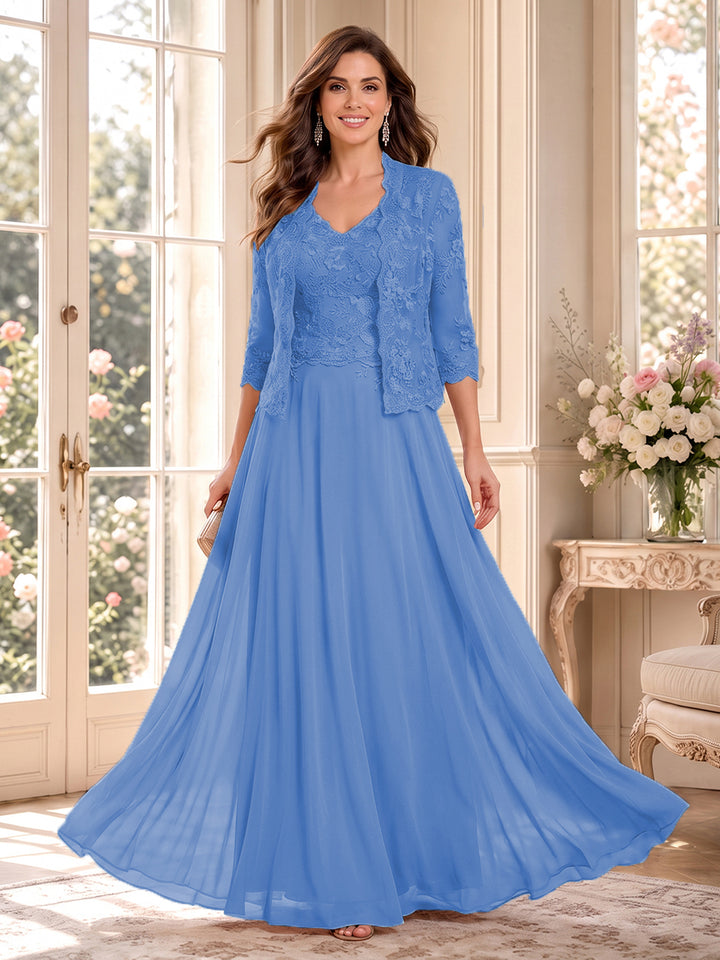 A-Line/Princess V-Neck 3/4 Sleeves Floor-Length Mother of the Bride Dresses with Jacket &amp; Applique