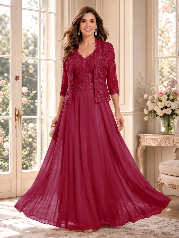 A-Line/Princess V-Neck 3/4 Sleeves Floor-Length Mother of the Bride Dresses with Jacket &amp; Applique