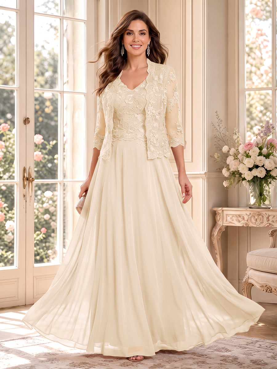 A-Line/Princess V-Neck 3/4 Sleeves Floor-Length Mother of the Bride Dresses with Jacket &amp; Applique