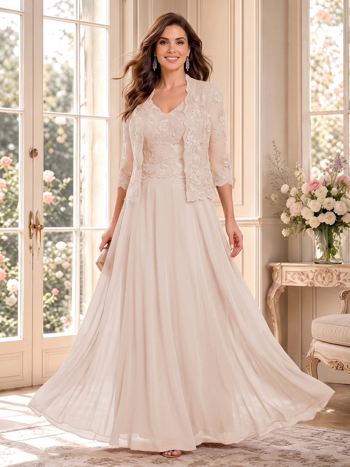 A-Line/Princess V-Neck 3/4 Sleeves Floor-Length Mother of the Bride Dresses with Jacket &amp; Applique