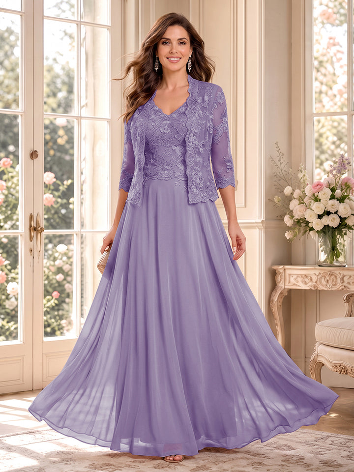 A-Line/Princess V-Neck 3/4 Sleeves Floor-Length Mother of the Bride Dresses with Jacket &amp; Applique